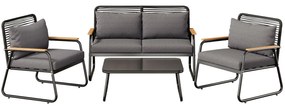 Set de lounge pentru grădină pentru 4 persoane, cu canapea dublă, 2 canapele individuale și 1 măsuță de cafea, Negru