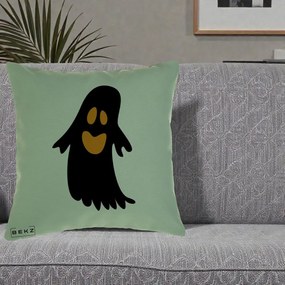 Perna Decorativa Halloween Fantoma Neagra cu Ochi Portocalii, 40x40 cm, Verde, Husa Detasabila, Perna Inclusa, BEKZ®