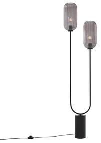 Lampă de podea Art Deco neagră cu sticlă fumurie cu 2 lumini - Rid