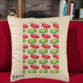 Perna Decorativa Bomboane Craciun Pattern, 40x40 cm, Bej, Husa Detasabila, Perna Inclusa, BEKZ®