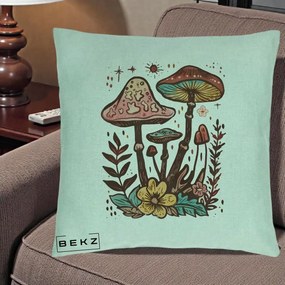 Perna Decorativa Ciuperci Boho Multicolore, 40x40 cm, Verde Menta, Husa Detasabila, Perna Inclusa, BEKZ®