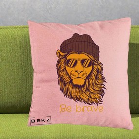 Perna Decorativa Leu Hipster Be Brave, 40x40 cm, Roz, Husa Detasabila, Perna Inclusa, BEKZ®