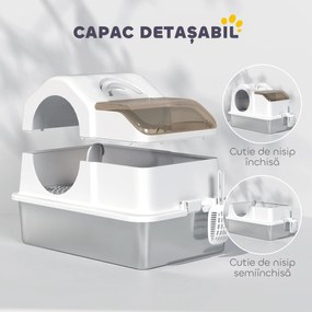 PawHut Litteră Închisă pentru Pisici cu 2 Covorașe și Mâner, Alb și Argintiu | Aosom Romania
