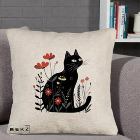 Perna Decorativa Pisica Neagra Flori Rosii Folk, 40x40 cm, Bej Canapea, Husa Detasabila, Perna Inclusa, BEKZ®