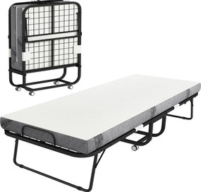 HOMCOM Pat Pliabil Single 90x200 cm cu Saltea de 10 cm Grosime, Cadru din Metal și Roți cu Frână, Negru | Aosom Romania