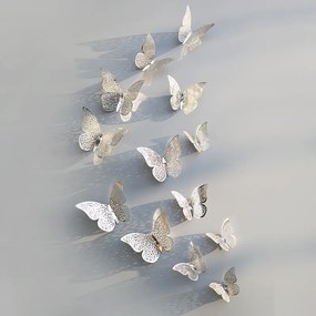 Autocolant de perete "Fluturi metalici - Argint" 12 buc 8-12 cm