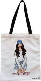 Sacosa de Panza pentru Cumparaturi, Geanta Tote, Travel Girl 6, Cu fermoar, 38x34.5 cm, Alba, BEKZ®