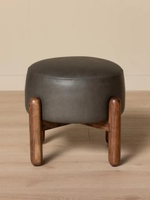 Taburet din piele naturală gri, cu cadru din lemn de acacia și mango, formă rotundă, finisaj natural, 43×56 cm, „Olga"