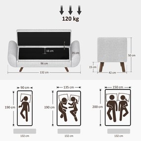 HOMCOM Bancă cu Spațiu de Depozitare cu Cotiere din Țesătură și Lemn 132x42x50 cm Gri | Aosom Romania