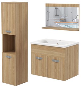 kleankin Set de mobilier de baie oglindă coloană + dulap sub chiuvetă suspendat cu bol, dulap coloană natural | Aosom Romania