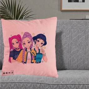 Perna Personalizata K-pop HUNTRX Trio Anime Stele, 40x40 cm, Roz, Husa Detasabila, Perna Inclusa, BEKZ®