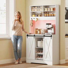 HOMCOM Servantă de Bucătărie Rustică 180 cm, Dulap cu Priză de Alimentare, Lumini LED, Suport pentru Sticle, Suprafață pentru Cuptor cu Microunde, Rafturi Deschise, Uși Glisante, Orificiu pentru Cabluri, Alb | Aosom Romania