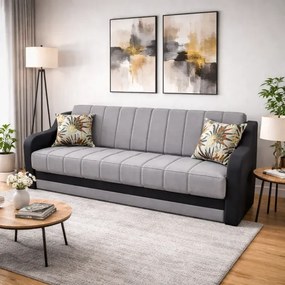 Canapea ALEX extensibila, 3 locuri, cu lada de depozitare, stofa gri inchis cu gri deschis, 220x90x90 Gri Inchis + Gri Deschis