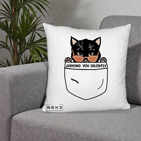 Perna Decorativa Judging You Silently Pisica Buzunar, 40x40 cm, Alb Pufos, Husa Detasabila, Perna Inclusa, BEKZ®