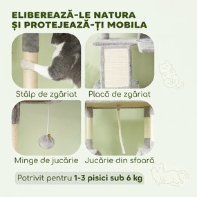 PawHut Ansamblu de Zgâriat pentru Pisici, 206 cm, cu Stâlpi din Sisal, Căsuțe și Hamace, Gri Închis | Aosom Romania