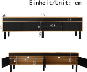 Comodă TV cu trei uși, picioare solide din lemn, 170x38x47 cm, Culoare naturală+Negru