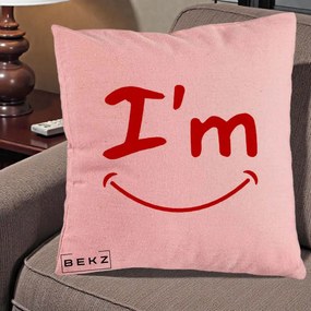 Perna Decorativa I'm Happy Smile, 40x40 cm, Roz, Husa Detasabila, Perna Inclusa, BEKZ®