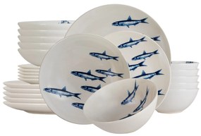 Eleganță Marină: Set de Masă cu Sardine Alb și Albastru de 24 piese