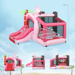 AIYAPLAY Castel Gonflabil pentru Copii 4 în 1, Tobogan, Trambulină, Piscină cu Bile, Coș de Baschet, Mingi de Baschet, Tematică Flamingo, Ventilator, Geantă de Transport, Interior Exterior, 255x230x196cm, Roz | Aosom Romania