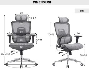 RESIGILAT- Scaun ergonomic Karin-H, spatar reglabil pe inaltime, suport lombar 3D, tetiera 3D, cotiere 3D, mecanism inclinare/blocare, sezur cu translatie, Mesh, Negru