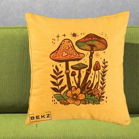 Perna Decorativa Ciuperci Boho Multicolore, 40x40 cm, Galben, Husa Detasabila, Perna Inclusa, BEKZ®