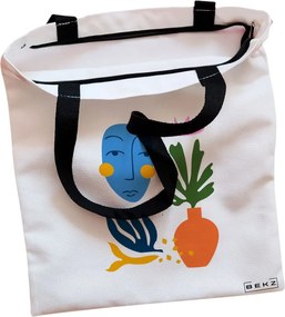 Sacosa de Panza pentru Cumparaturi, Geanta Tote, model Forms and Faces, Cu fermoar, 38x34.5 cm, Alba, BEKZ®