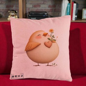 Perna Decorativa Pui cu Inima si Floarea-Soarelui, 40x40 cm, Roz, Husa Detasabila, Perna Inclusa, BEKZ®