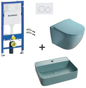 Set vas wc rimless cu capac soft close, lavoar baie verde turcoaz si rezervor wc cu clapeta alba