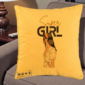 Perna Decorativa Super Girl Aesthetic, 40x40 cm, Galben, Husa Detasabila, Perna Inclusa, BEKZ®
