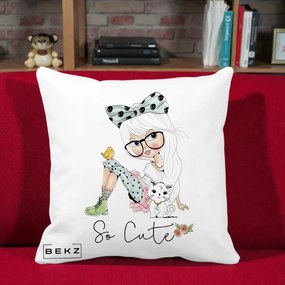 Perna Decorativa So Cute Fata Fashion, 40x40 cm, Alba Mata, Husa Detasabila, Perna Inclusa, BEKZ®