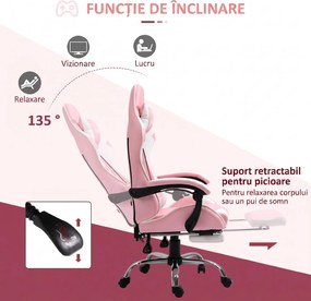 Vinsetto Scaun Gaming Ergonomic Reclinabil cu Tetieră, Pernă Lombară, Înălțime Reglabilă, Roz și Alb | Aosom Romania