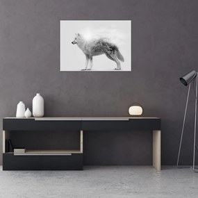 Tablou pe sticlă - Lupul arctic oglindit în peisajul sălbatic, alb-negru (70x50 cm)