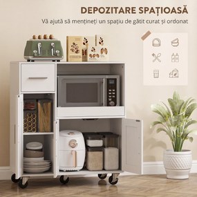 HOMCOM Dulap pentru cuptorul cu microunde din lemn, cu sertar, 2 dulapuri, raft deschis și blat ajustabil, 80x40x88.7 cm, alb | Aosom Romania