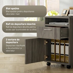 HOMCOM Dulap de Birou cu 4 Roți, Raft Deschis și 2 Sertare, Mobilier de Birou din Lemn și Metal, 40x35x60 cm, Maro | Aosom Romania