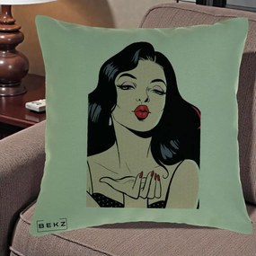 Perna Decorativa Femeie Pop-Art Kiss, 40x40 cm, Verde, Husa Detasabila, Perna Inclusa, BEKZ®