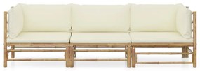 3058203 vidaXL Set mobilier de grădină, cu perne alb crem, 3 piese, bambus