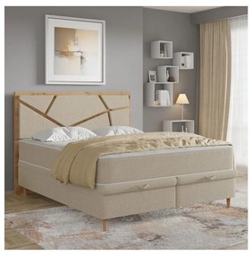 Pat tapițat NAOMI 180x200 cm, cu saltele incluse și spațiu de depozitare, bej
