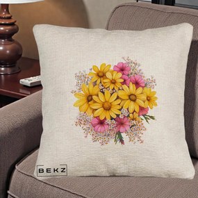 Perna Decorativa Floarea-Soarelui cu Cosmos Roz si Gypsophila, 40x40 cm, Bej Canapea, Husa Detasabila, Perna Inclusa, BEKZ®