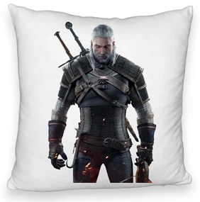 Perna Decorativa Fluffy cu The Witcher 2, 40x40 cm, Alba, Husa Detasabila, Burduf