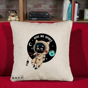 Perna Decorativa Give Me Space Pisica Astronaut, 40x40 cm, Bej Canapea, Husa Detasabila, Perna Inclusa, BEKZ®