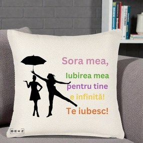 Cadou pentru Sora - Perna Personalizata Sora Mea Te Iubesc Siluete Colorate Umbrela, 40x40 cm, Crem Reliefat, Husa Detasabila, Perna Inclusa, BEKZ®