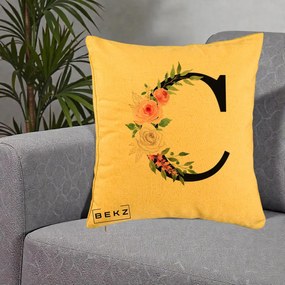 Cadou Personalizat - Perna Personalizata Monograma Florala Litera C, 40x40 cm, Galben, Husa Detasabila, Perna Inclusa, BEKZ®