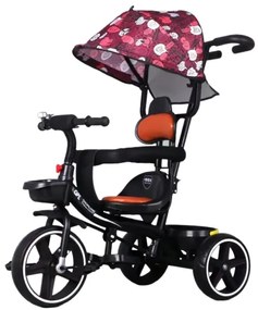 Tricicleta cu pedale, Copertina retractabila, 2 - 6 ani, Rosu, Maner parental