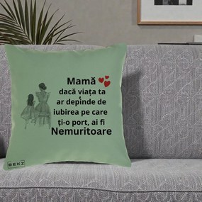 Cadou pentru Mama - Perna Personalizata Mama Nemuritoare Line Art, 40x40 cm, Verde, Husa Detasabila, Perna Inclusa, BEKZ®