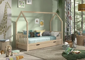 Pat Căsuță cu Sertar Extensibil, Natural, 90 x 190/200 cm (Pin Masiv) – CABANE – Vipack