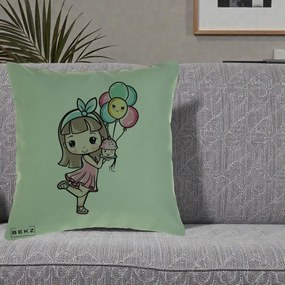 Perna Decorativa Fetita Kawaii cu Baloane si Cupcake, 40x40 cm, Verde, Husa Detasabila, Perna Inclusa, BEKZ®