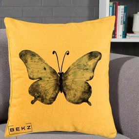 Perna Decorativa Fluture Acuarela Albastru-Gri, 40x40 cm, Galben, Husa Detasabila, Perna Inclusa, BEKZ®