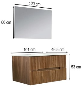 Mobilier de baie Trent 100 cm cu chiuvetă ceramică (2 sertare) și oglindă 60x100 cm stejar apus de soare