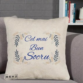 Cadou pentru Socru - Perna Personalizata Cel mai Bun Socru cu Ramuri Frunze Albastre si Aurii, 40x40 cm, Bej Canapea, Husa Detasabila, Perna Inclusa, BEKZ®