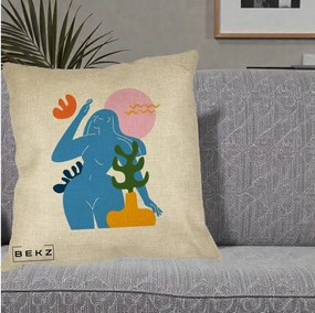 Perna Decorativa Femeie Albastra Cactus, 40x40 cm, Crem, Husa Detasabila, Perna Inclusa, BEKZ®